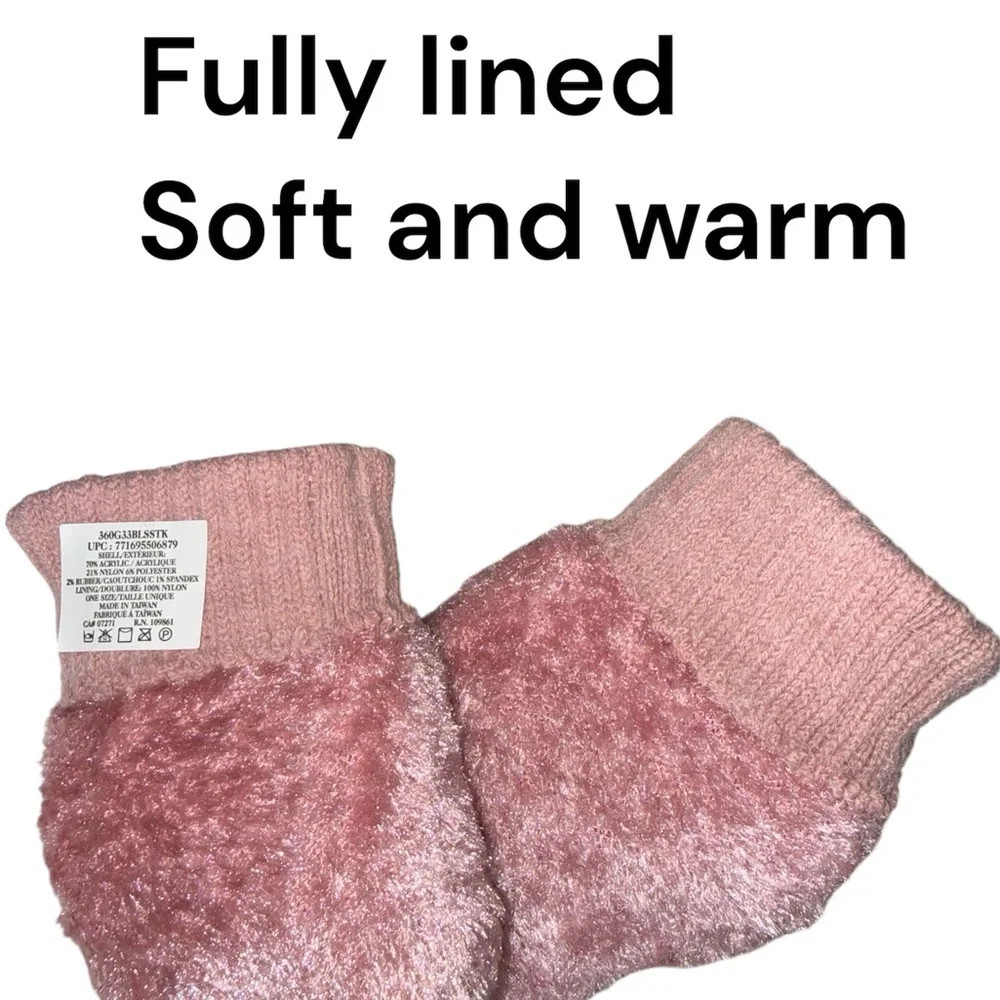 Pink Sparkle Studded Knit Gloves Soft Warm Fleece Lined Winter Cold Weather